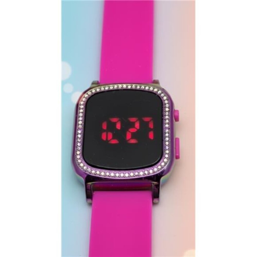 Accutime Pink Digital Watch Crystal Bezel Square Case Silicone Band 33mm